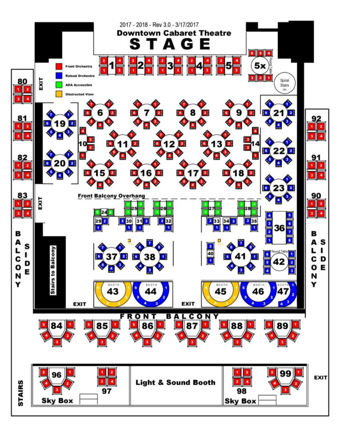 Seating chart showing round tables, four-tops and booths on the orchestra floor with a front balcony and sky boxes